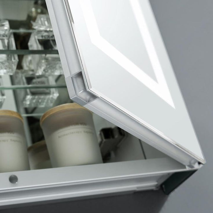 Spazio 24 in. W x 30 in. H Recessed or Surface Mount Medicine Cabinet with LED Lighting, Mirror Defogger and Right Hinge
