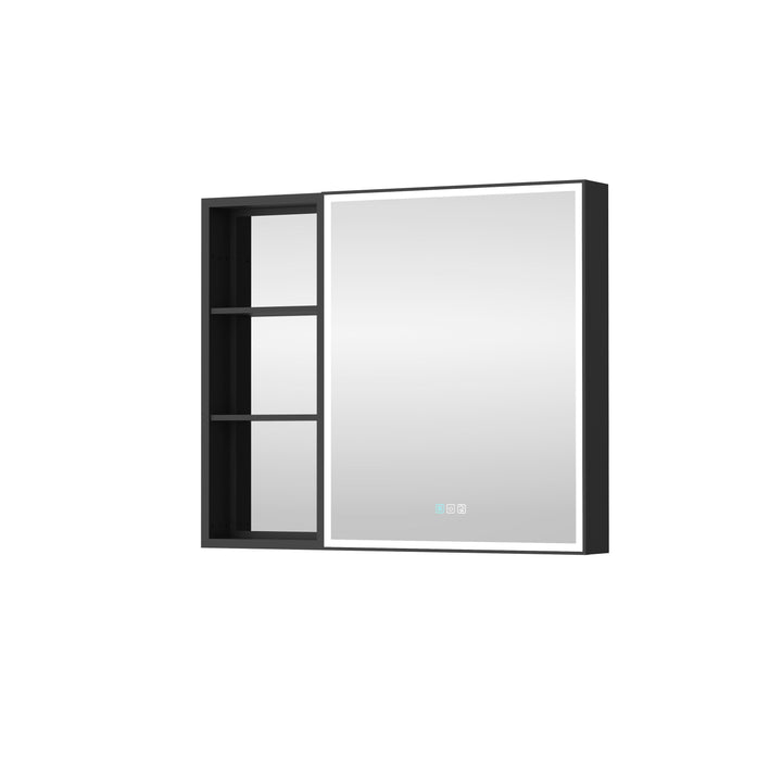 WELLFOR W12 36-in x 30-in Lighted LED Fog Free Surface/Recessed Mount Anodized Black Aluminum Mirrored Soft Close Medicine Cabinet with Outlet