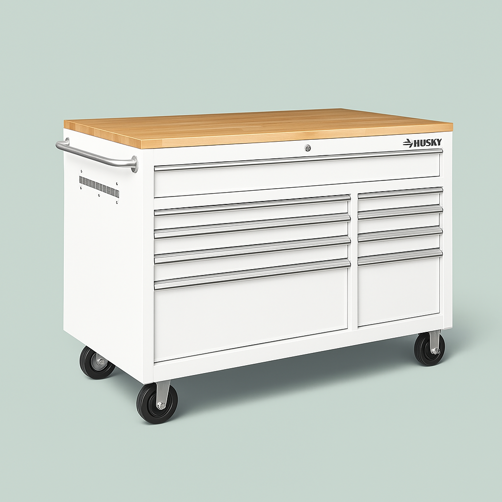 Husky 52 in. Gloss White Mobile Workbench with Solid Wood Top