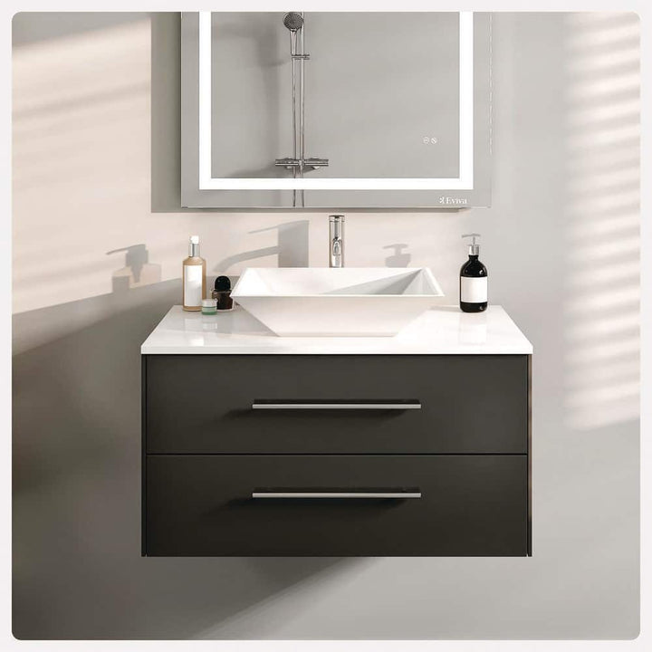 Eviva Totti Wave 30 in. W x 21 in. D x 22 in. H Floating Bathroom Vanity in Espresso with White Glassos Top and White Vessel Sink