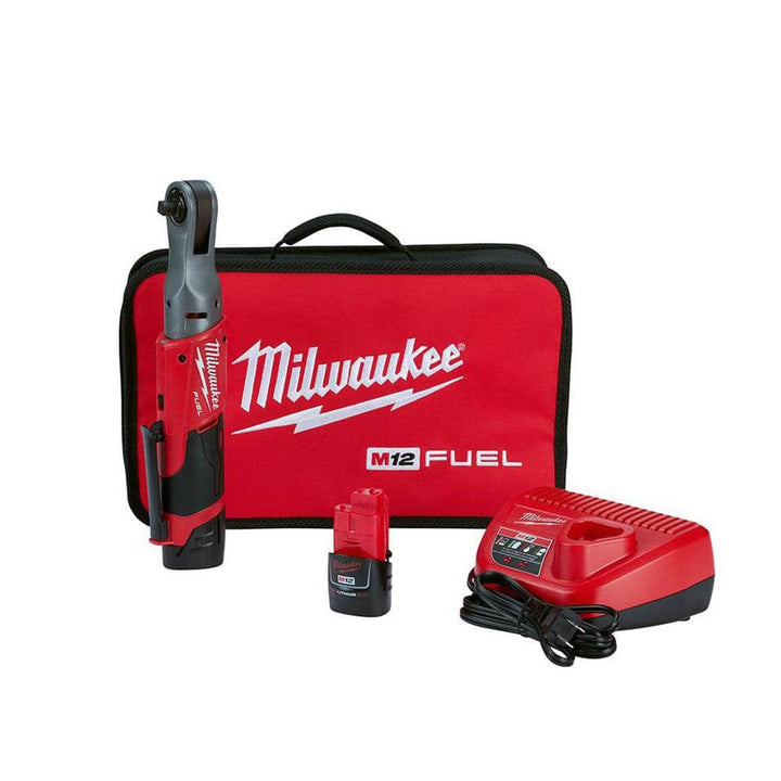 Milwaukee M12 FUEL 12V Lithium-Ion Brushless Cordless 3/8 in. Ratchet Kit (2557-22) with (2) 2.0Ah Batteries, Charger & Tool Bag