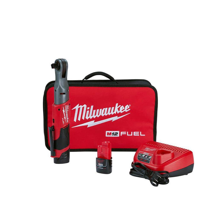 Milwaukee M12 FUEL 12V Lithium‑Ion Brushless 1/2 in. Cordless Ratchet Kit with (2) 2.0Ah Batteries, Charger, Bag & Metric Socket Set