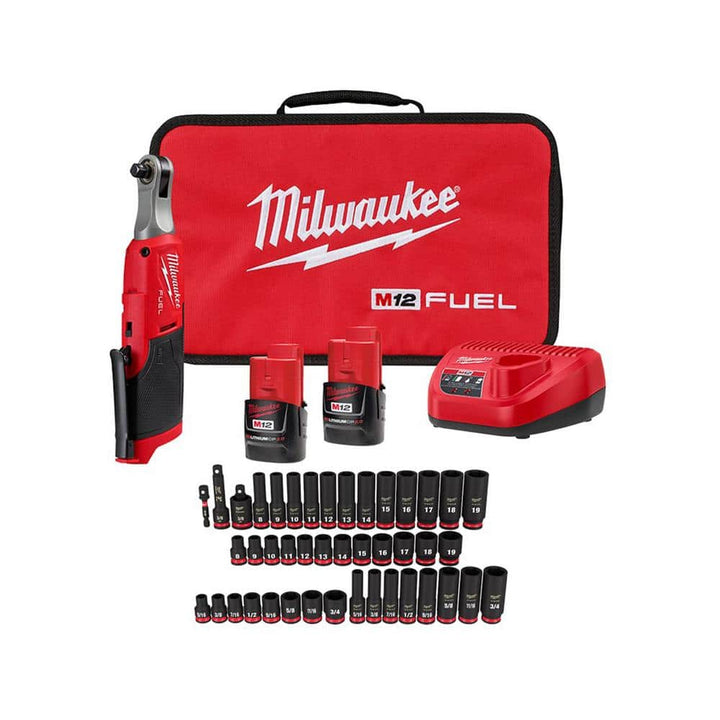 Milwaukee M12 FUEL 12V Brushless High-Speed 3/8 in. Cordless Ratchet Kit with (2) Batteries, Charger & 3/8 in. SAE Socket Set