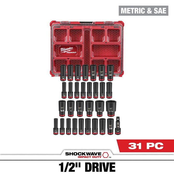 Milwaukee SHOCKWAVE Impact-Duty 1/2 in. Drive Metric & SAE Deep Well Impact PACKOUT Socket Set (31-Piece)