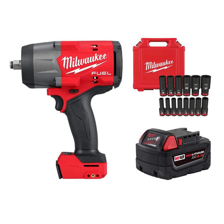 Milwaukee M18 FUEL 18V Lithium‑Ion Brushless Cordless 1/2 in. Impact Wrench w/ Friction Ring + SAE Socket Set (19‑Pc)