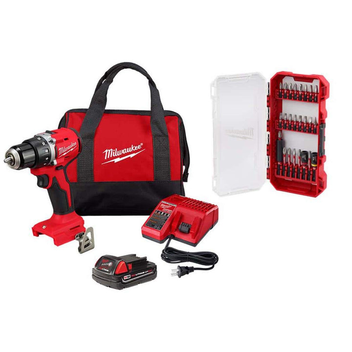 Milwaukee M18 18V Lithium-Ion Brushless Cordless 1/2 in. Compact Drill/Driver Kit with 2.0Ah Battery, Charger & Tool Bag