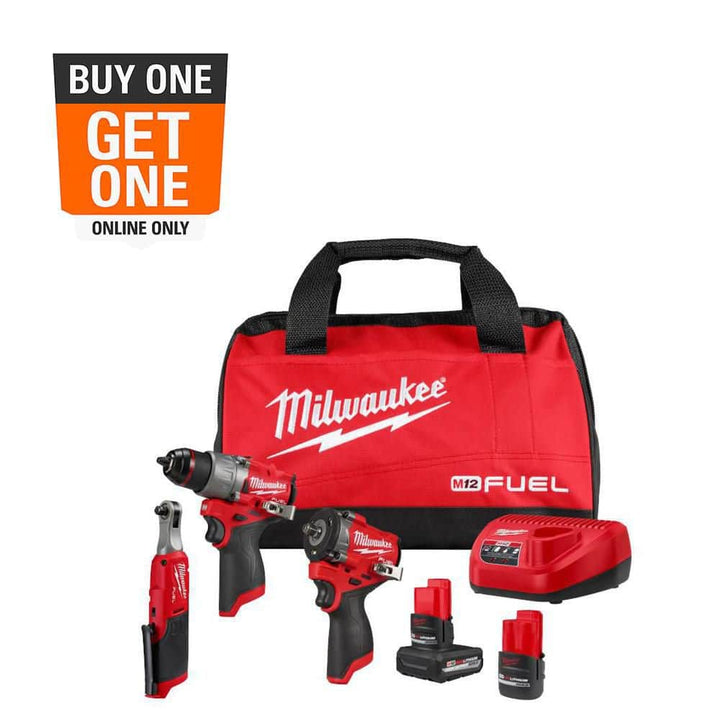 Milwaukee M12 12-Volt Lithium-Ion Cordless 3-Tool Combo Kit with 3/8 in. Ratchet, Drill/Driver, Impact Driver & HACKZALL, Batteries & Charger