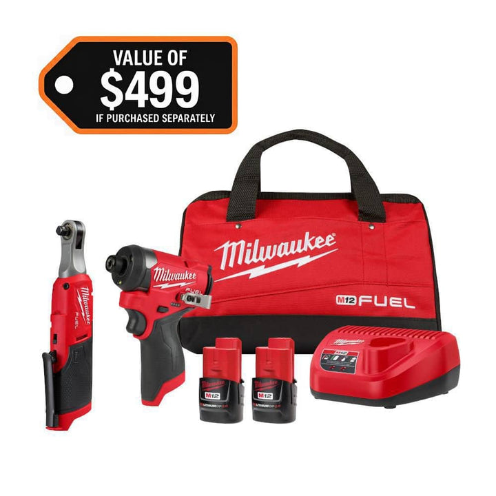 Milwaukee M12 FUEL 12V Li-Ion Cordless 3/8 in. Ratchet & 1/4 in. Impact Driver Combo Kit (2-Tool) w/ Batteries, Charger & Bit Set