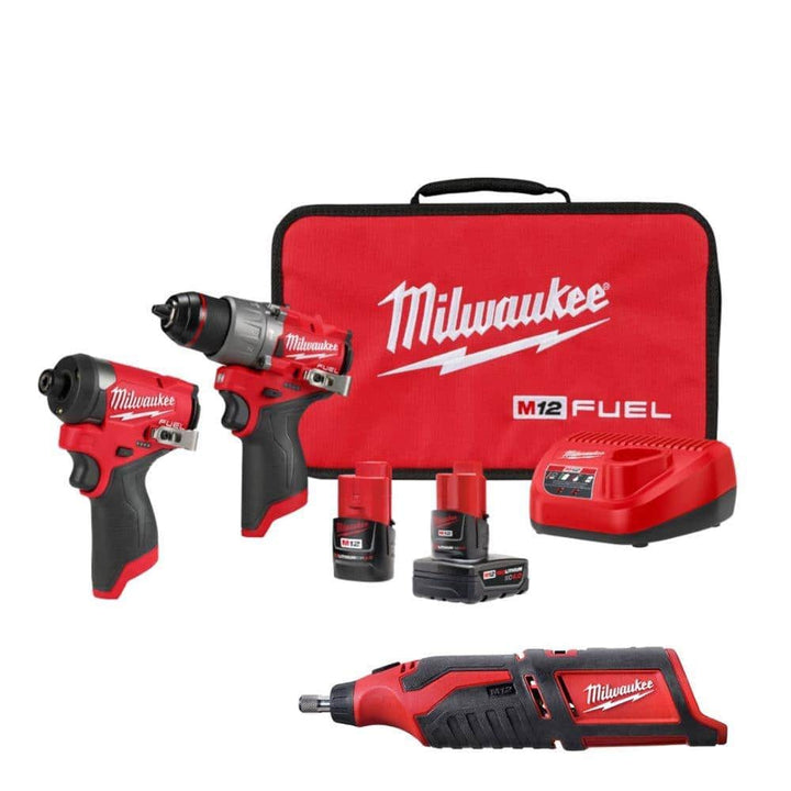 Milwaukee M12 12V Lithium-Ion Cordless Brushless Rotary Tool with M12 Hammer Drill and Impact Driver Combo Kit