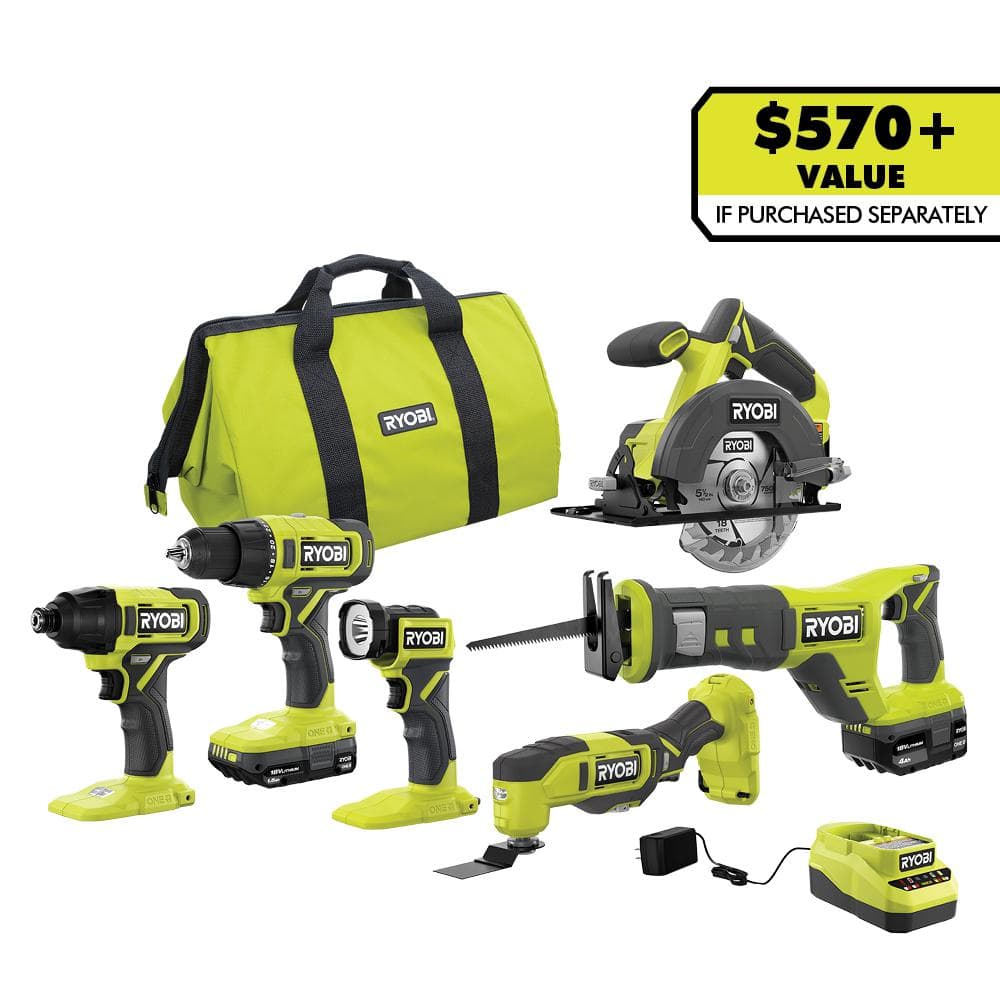 RYOBI ONE+ 18V Cordless 6-Tool Combo Kit with Ah Battery,