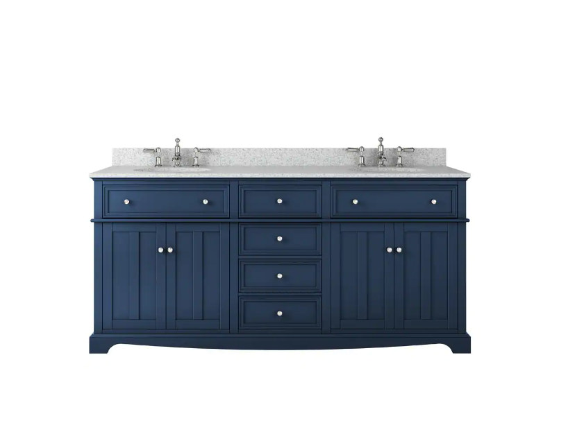 Fremont 72 in. Double Sink Freestanding Navy Blue Bath Vanity with Gre