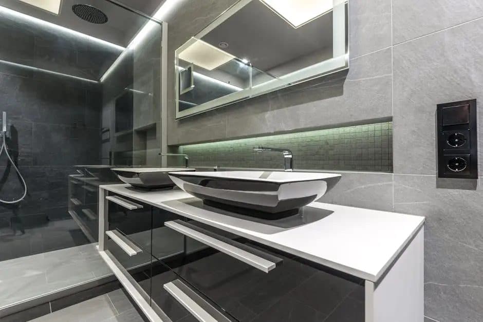 Elegant contemporary bathroom design featuring sleek fixtures and modern accents.