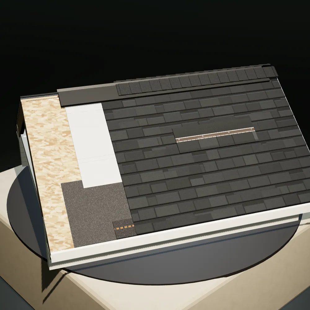 A GAF roof section on a stone plinth, cut back in steps to show each layer of the roof system, with one shingle and its StrikeZone nailing area on the field.