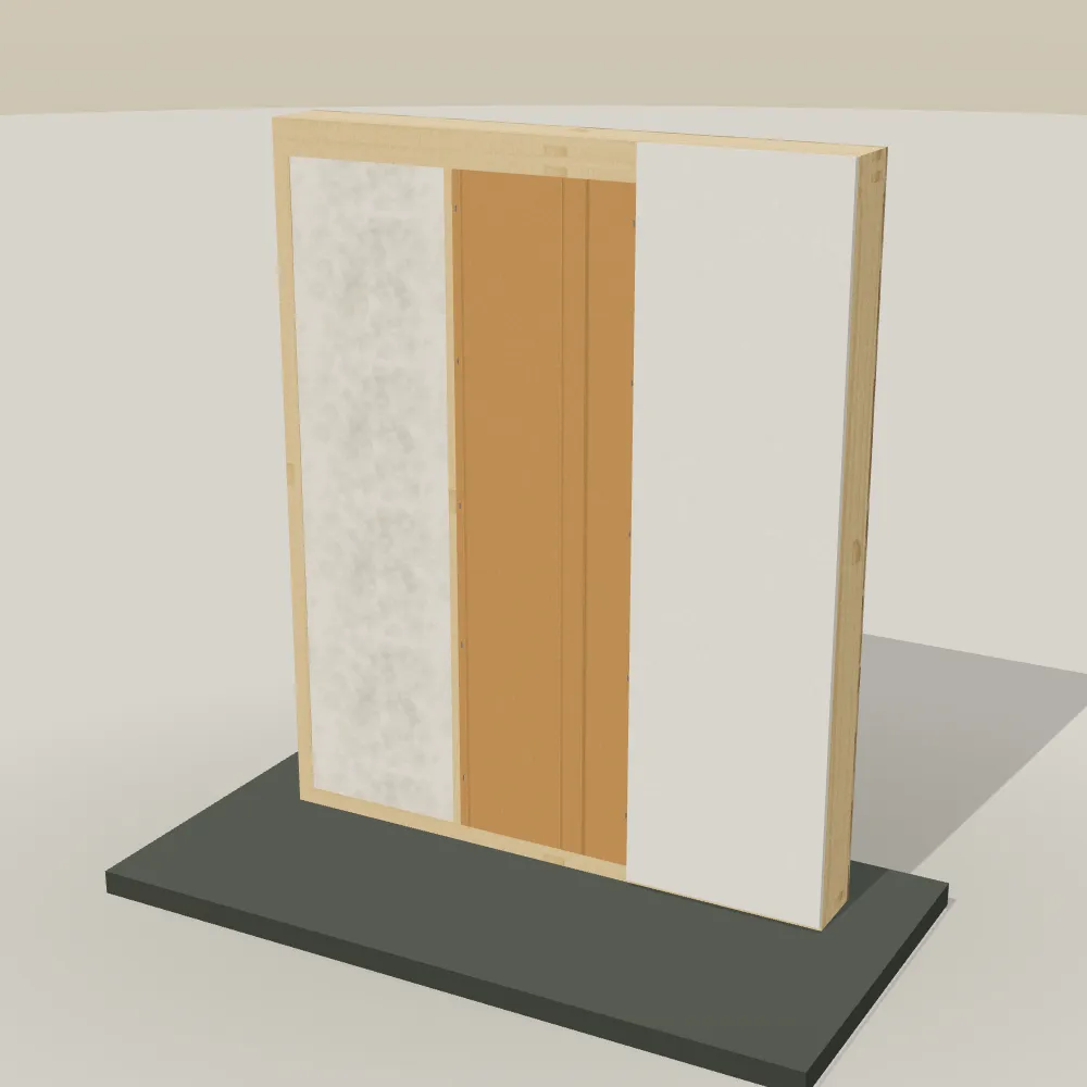 A three-bay 2x6 wall section on a bench with fiberglass batts, kraft facing and drywall stepped back.