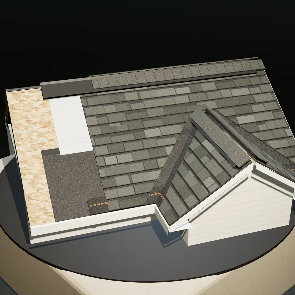 A roof section on a stone plinth, cut back in steps to show each layer of the roof system.