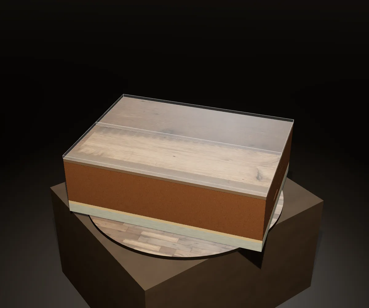 A cut sample of two clicked-together laminate planks on a stone plinth, showing the layers and the joint.