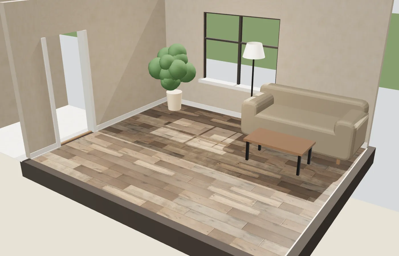 The sample living room with a wood-look laminate floor, a window, a sofa and a doorway to the hall.