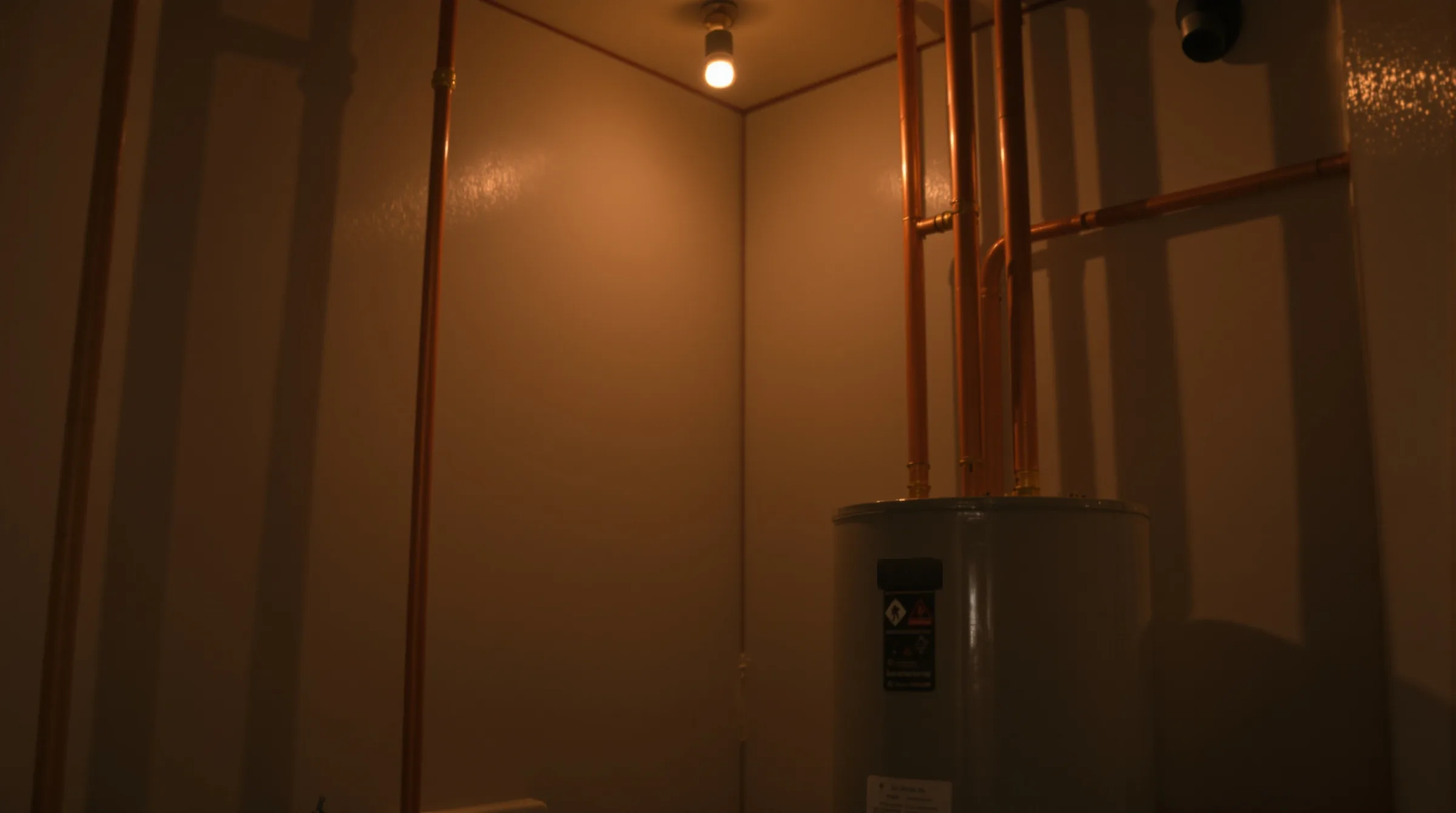 Styled visualization of a water heater with copper pipes in a warm laundry corner at dusk