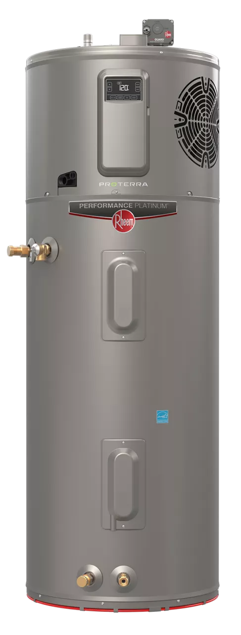 Actual Rheem Performance Platinum ProTerra water heater, shown on a stone pedestal in a warm gallery