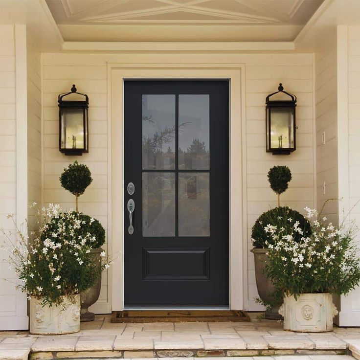JELD-WEN 36 in. x 80 in. Right-Hand 4 Lite Clear Glass Black Painted Fiberglass Prehung Front Door with Brickmould