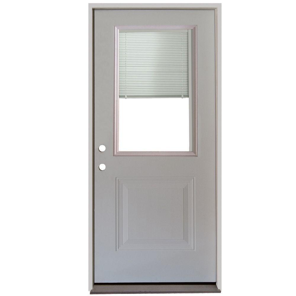 32 in. x 80 in. 1-Panel 1/2 Lite Mini-Blind Primed White Steel Prehung Front Door - Super Arbor