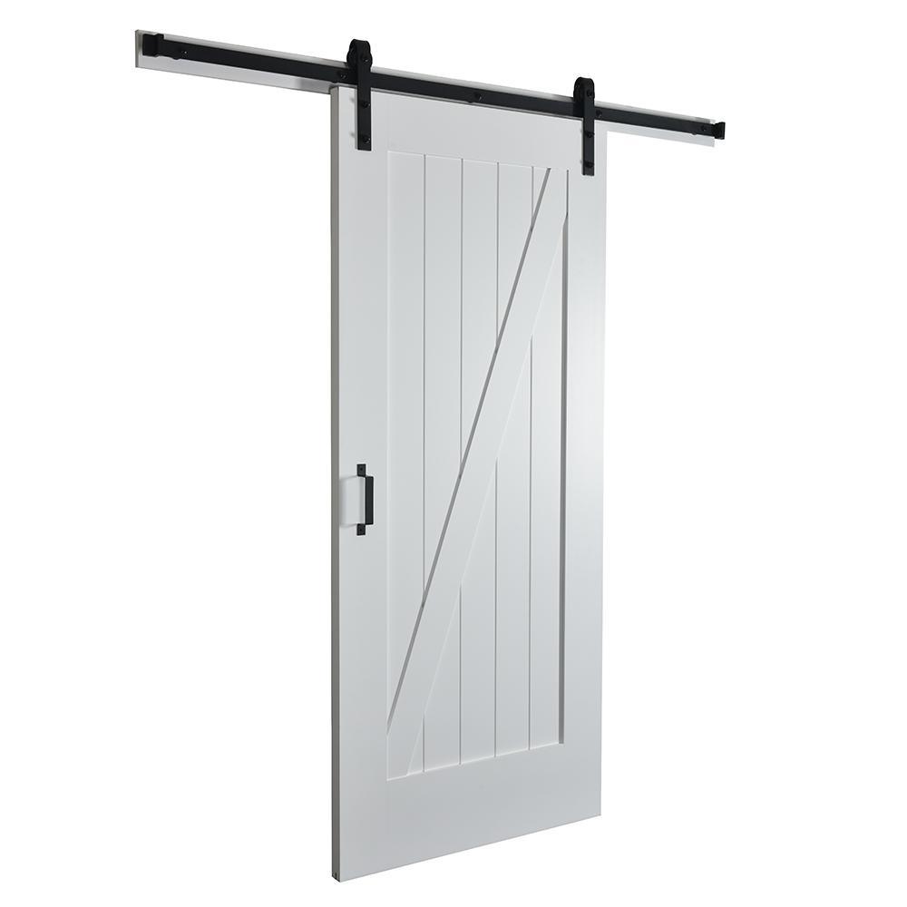 43 in. x 84 in. Z Planked Primed MDF Solid Core Wood Barn Door with Matte Black Sliding Door Hardware Kit - Super Arbor