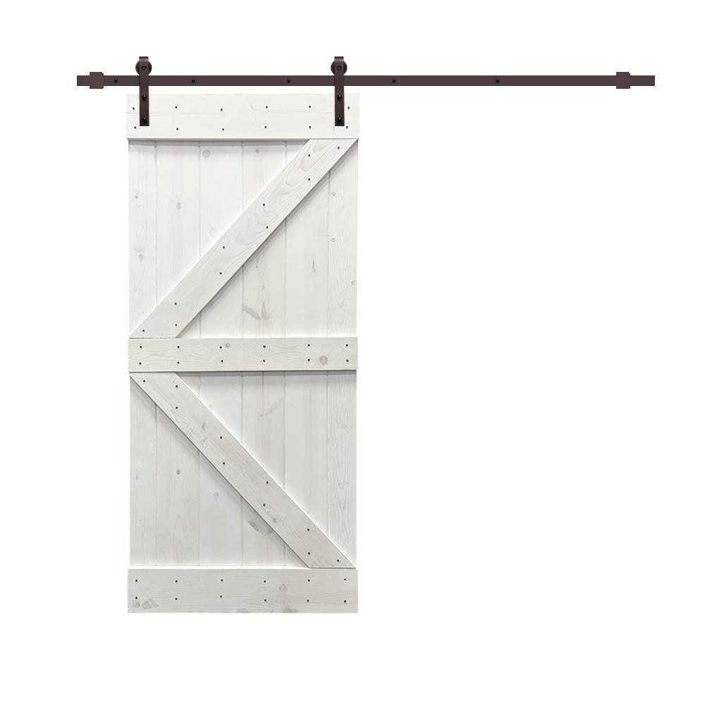 Distressed K 42 in. x 84 in. Walnut Stained Solid Knotty Pine Wood Interior Sliding Barn Door with Hardware Kit - Super Arbor