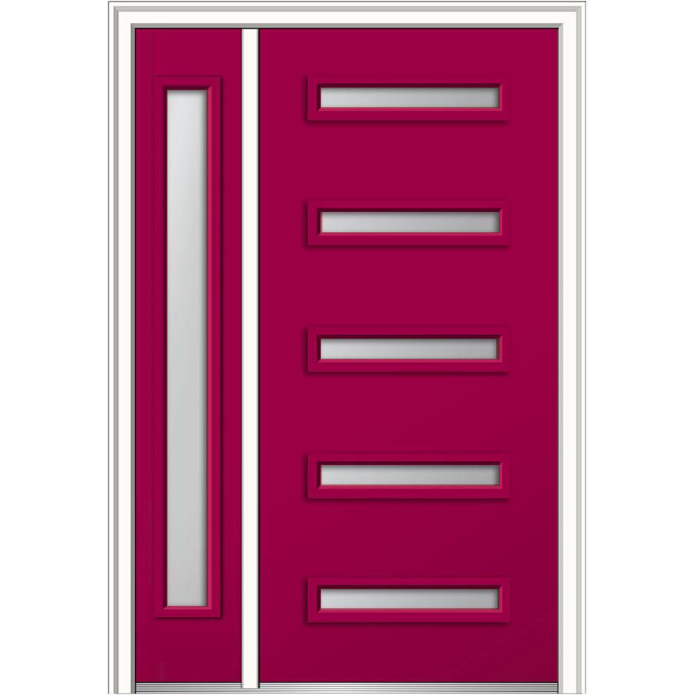 53 in. x 81.75 in. Davina Frosted Glass Right-Hand Inswing 5-Lite Modern Painted Steel Prehung Front Door with Sidelite - Super Arbor