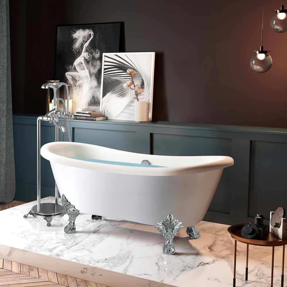 59 in. Fiberglass Double Slipper Clawfoot Non-Whirlpool Bathtub in Matte White - Super Arbor