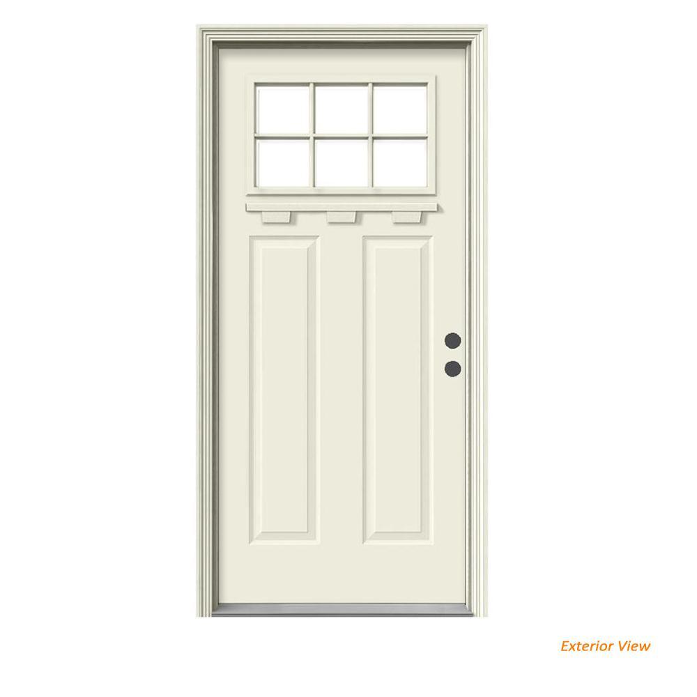 JELD-WEN 36 in. x 80 in. 6-Lite Craftsman Primed Steel Prehung Left-Hand Inswing Front Door with Brickmould and Shelf