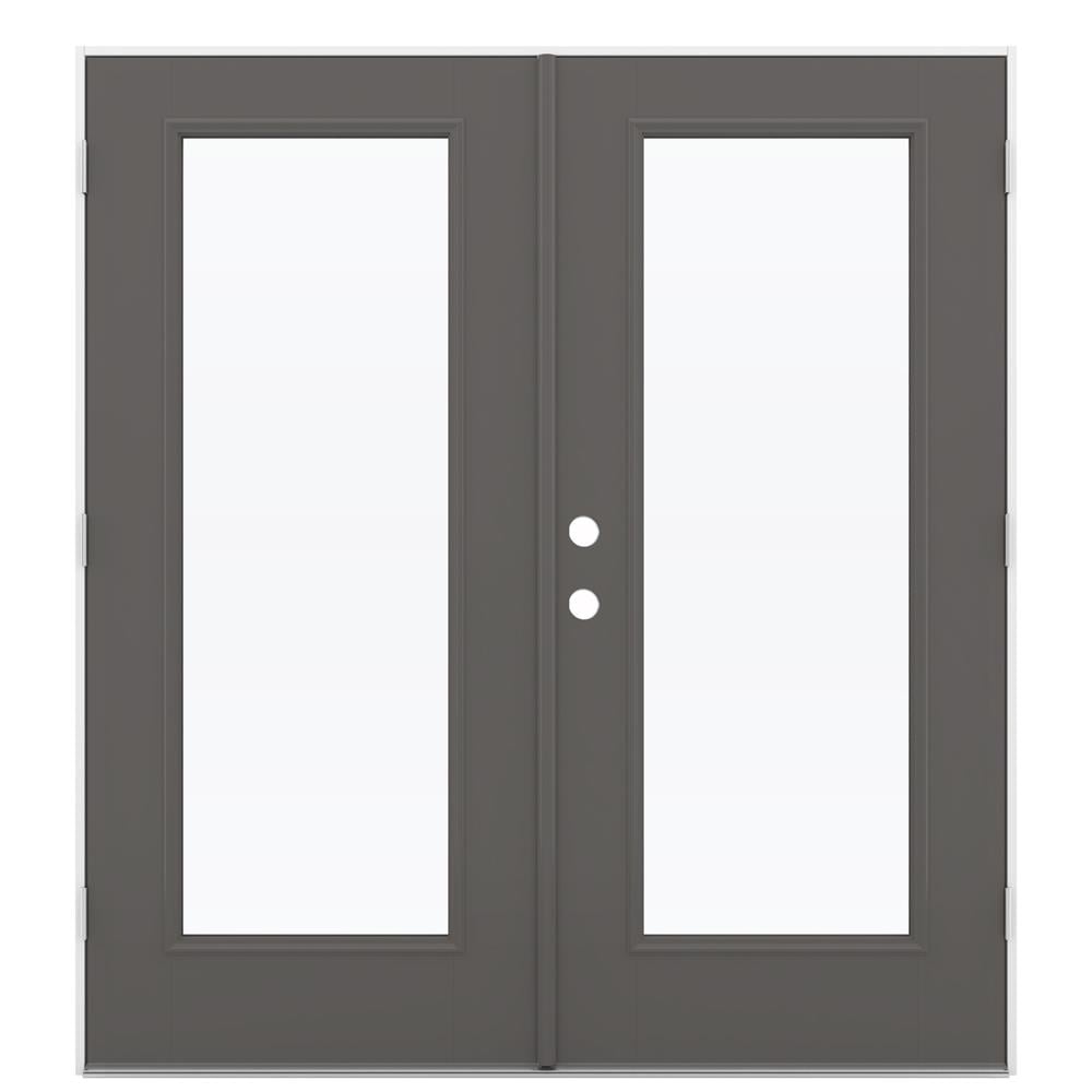 JELD-WEN French 72-in x 80-in 4-9/16-in Low-E Timber Gray Fiberglass Left-Hand Outswing Double Patio Door
