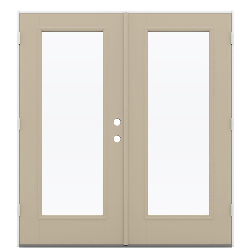 JELD-WEN French 72-in x 80-in 4-9/16-in Low-E Sandy Shore Fiberglass Right-Hand Outswing Double Patio Door