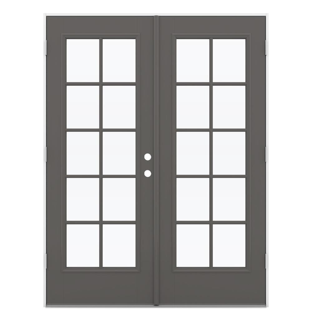 JELD-WEN 60-in x 80-in 4-9/16-in Low-E Timber Gray Fiberglass Right-Hand Outswing French Double Patio Door