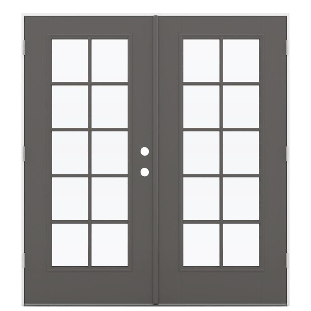 JELD-WEN 72-in x 80-in 4-9/16-in Low-E Timber Gray Fiberglass French Right-Hand Outswing Double Patio Door