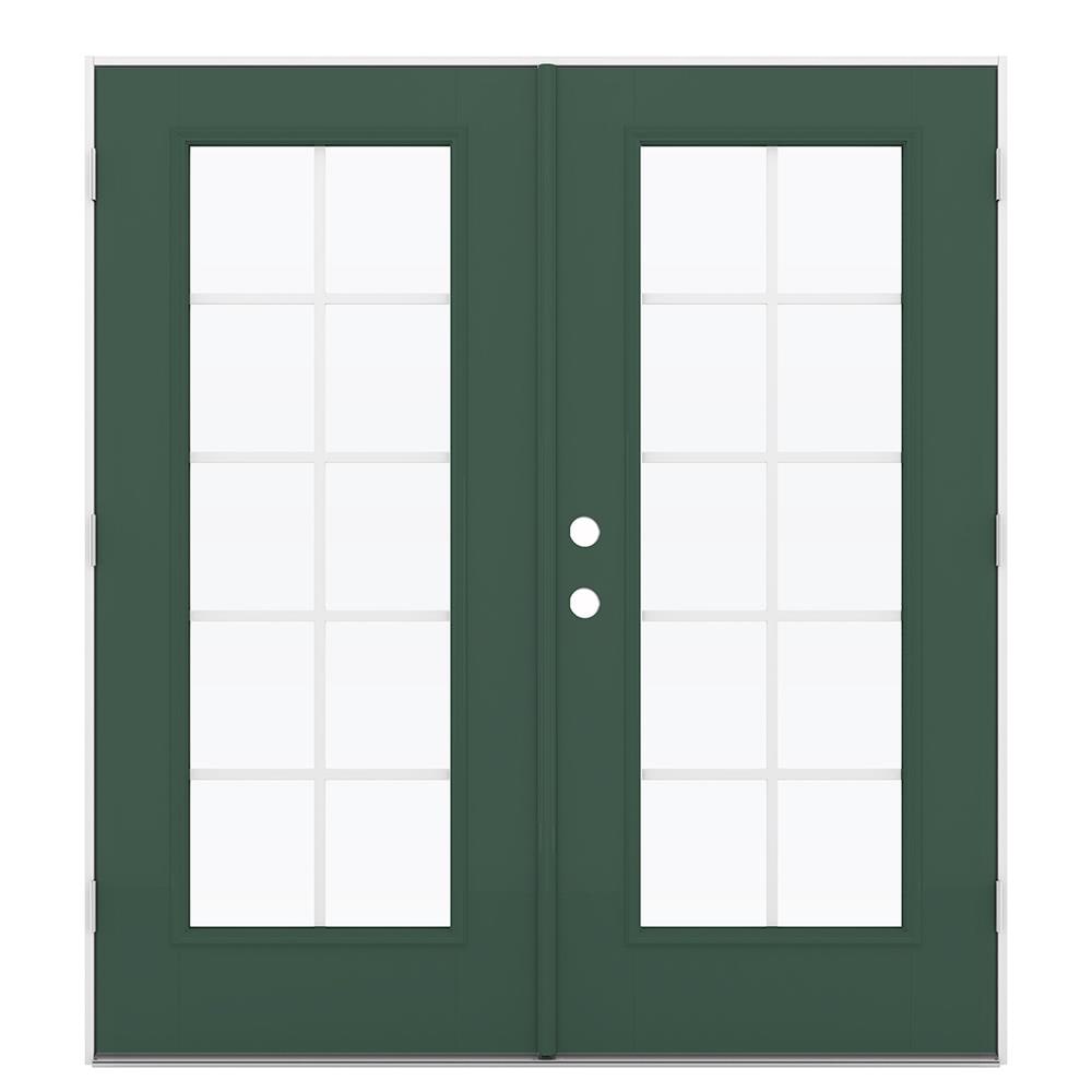 JELD-WEN French 72-in x 80-in 4-9/16-in Low-E Evergreen Fiberglass French Left-Hand Outswing Double Patio Door