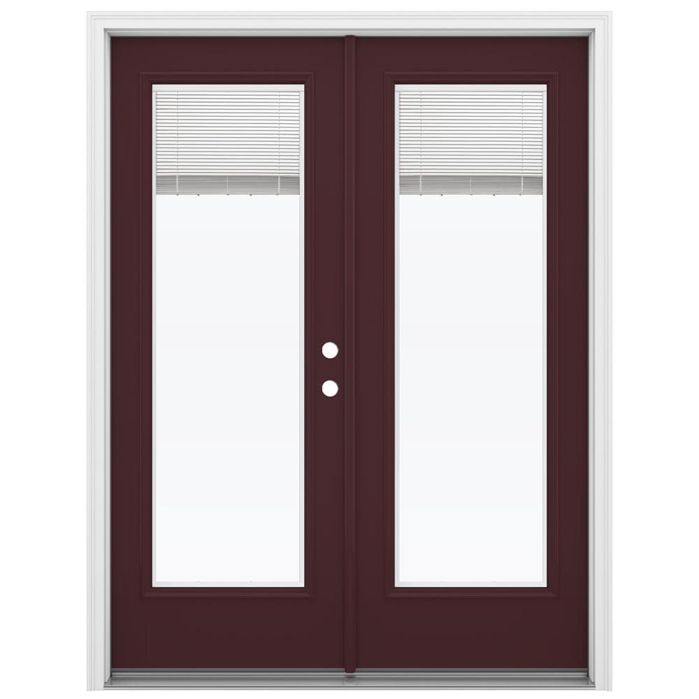 JELD-WEN 60-in x 80-in 4-9/16-in Low-E Blinds-Between-the-Glass Currant Fiberglass French Left-Hand Inswing Double Patio Door, Brickmould Included
