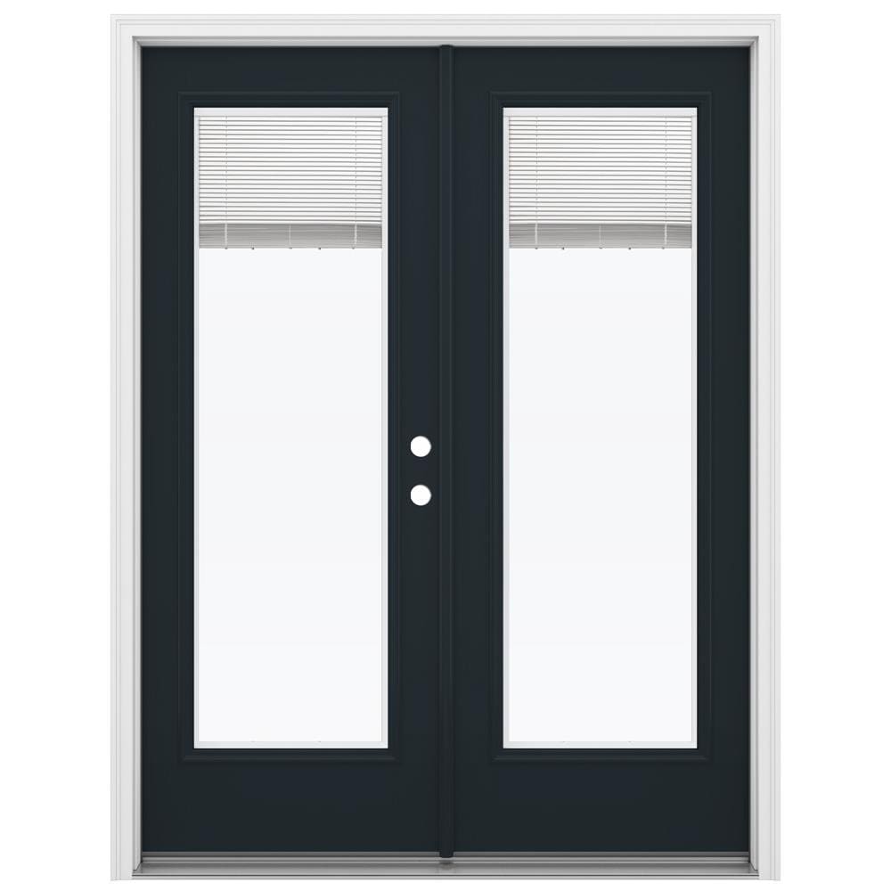 JELD-WEN 60-in x 80-in 4-9/16-in Low-E Blinds-Between-the-Glass Eclipse Fiberglass French Left-Hand Inswing Double Patio Door with Brickmould