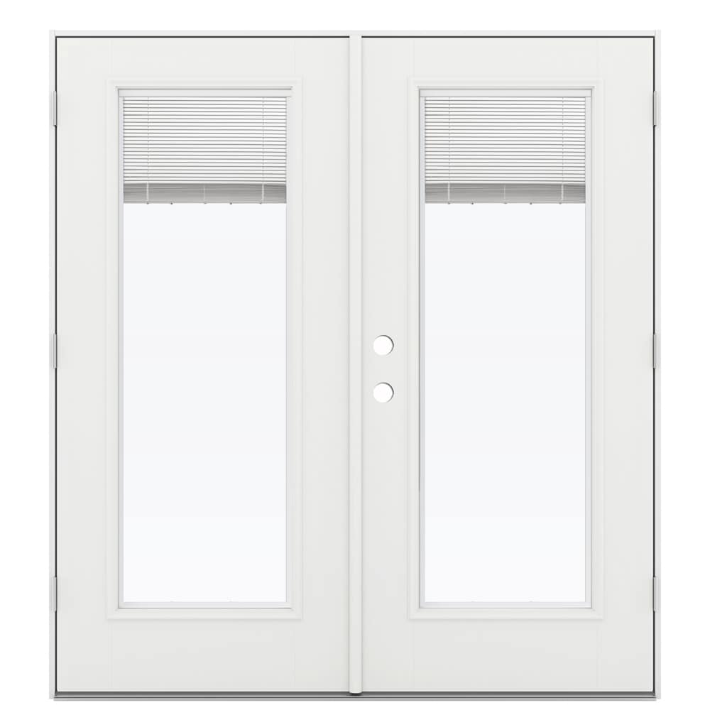 JELD-WEN F-3500 72-in x 80-in 4-9/16-in Jamb White Fiberglass French Double Patio Door, Left-Hand Outswing, Low-E Tempered Glass with Blinds Between the Glass