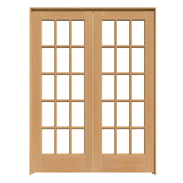 JELD-WEN 15 Lite Wood 60-in x 80-in Unfinished Clear Glass Unfinished Pine Interior French Door, Prehung (Hardware Included)
