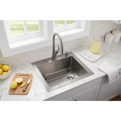 All-in-One Tight Radius Stainless Steel 25 in. 18-Gauge 2-Hole Single Bowl Dual Mount Kitchen Sink with Pull Down Faucet