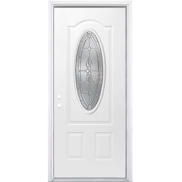 Masonite Hampton 36-in x 80-in Steel Oval Lite Right-Hand Inswing Primed Prehung Single Front Door with Brickmould