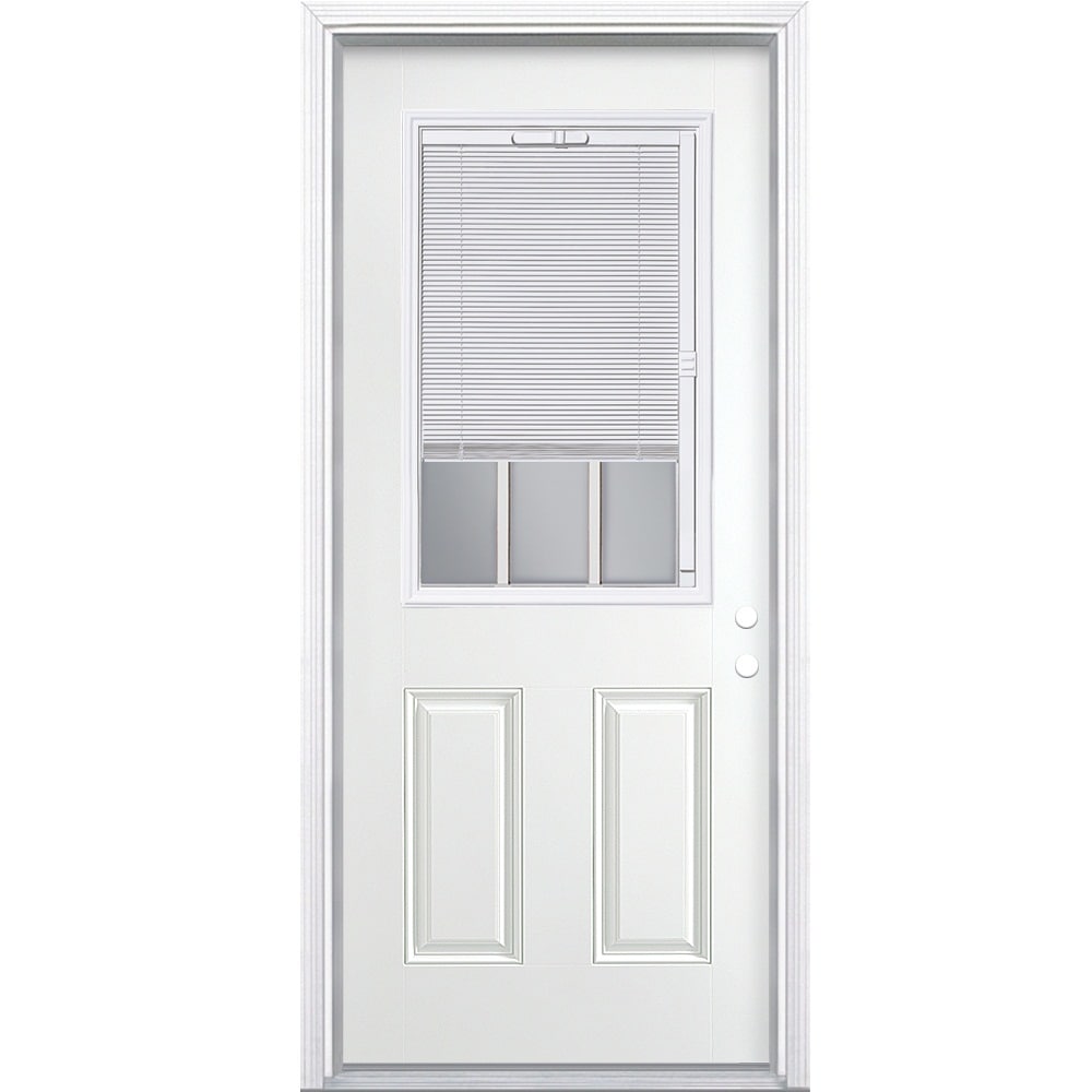 Masonite 32-in x 80-in Steel Half Lite Left-Hand Inswing Primed Prehung Single Front Door with Brickmould, Insulating Core, and Built-in Blinds