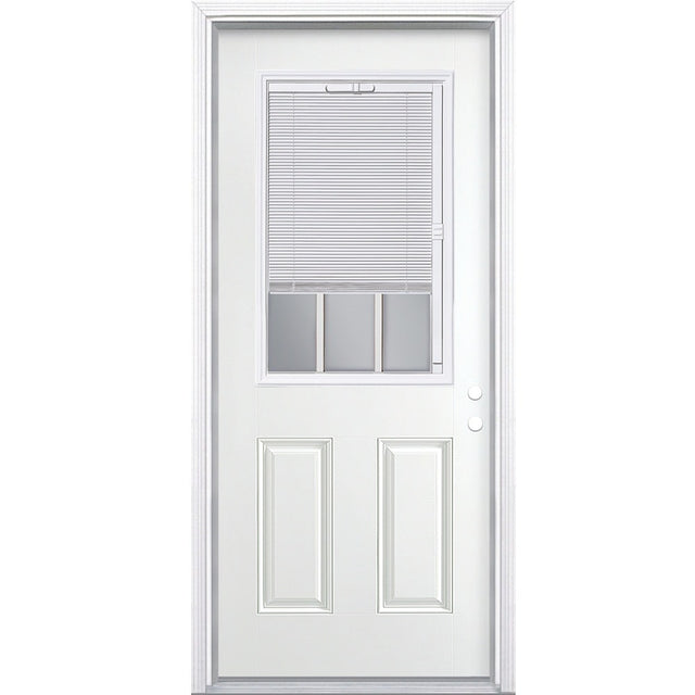 Masonite 32-in x 80-in Steel Half Lite Left-Hand Inswing Primed Prehung Single Front Door with Brickmould, Insulating Core, and Built-in Blinds