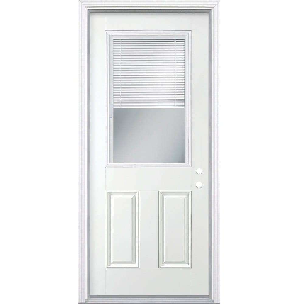 Masonite 30-in x 80-in Steel Half Lite Left-Hand Inswing Primed Prehung Single Front Door with Brickmould, Insulating Core, Blinds Between Glass