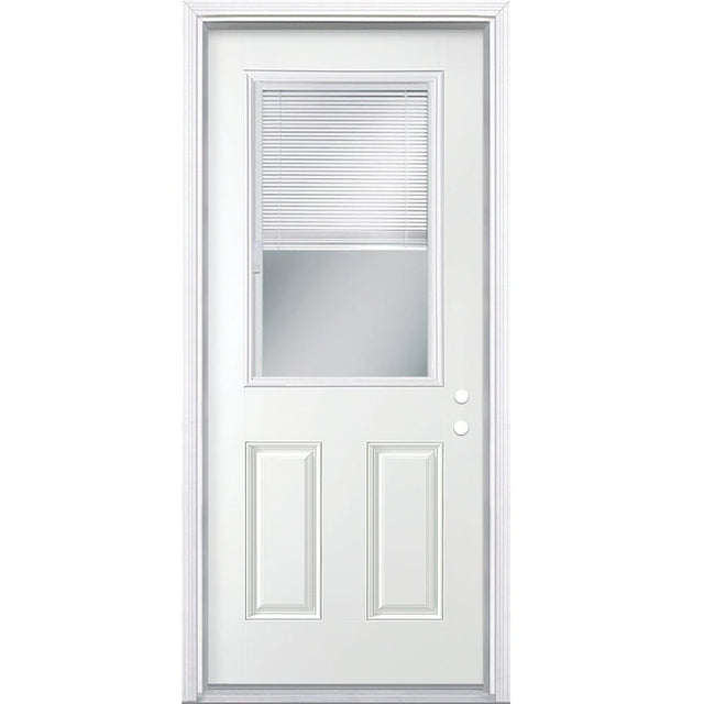 Masonite 30-in x 80-in Steel Half Lite Left-Hand Inswing Primed Prehung Single Front Door with Brickmould, Insulating Core, Blinds Between Glass