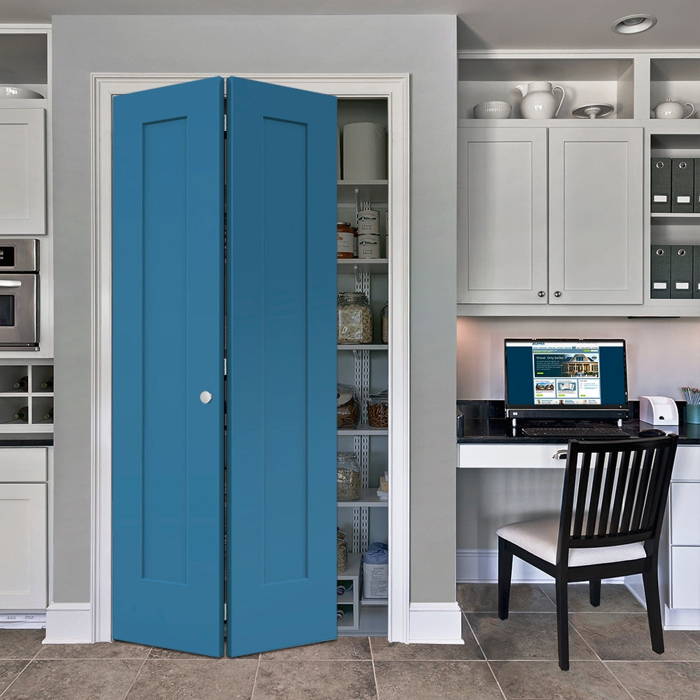 JELD-WEN Madison 24-in x 80-in Blue Heron 1-Panel Square Prefinished Molded Composite Bifold Door (Hardware Included)