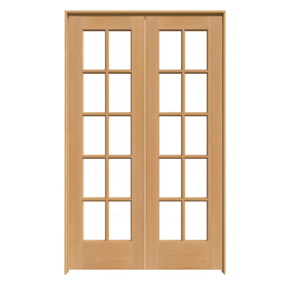 JELD-WEN 10 Lite Wood 48-in x 80-in Unfinished Pine Interior French Door with Clear Glass, Prehung, Hardware Included