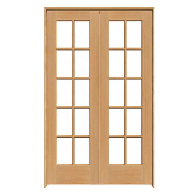 JELD-WEN 10 Lite Wood 48-in x 80-in Unfinished Pine Interior French Door with Clear Glass, Prehung, Hardware Included