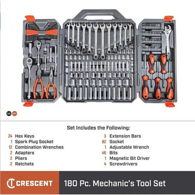 Crescent 1/4 in. and 3/8 in. Drive 6 and 12-Point Standard and Deep SAE/Metric Mechanics Tool Set with Case (180-Piece)