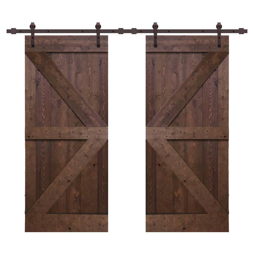 Distressed K Series 36 in. x 84 in. White Stained Solid Pine Wood Double Interior Sliding Barn Door with Hardware Kit - Super Arbor